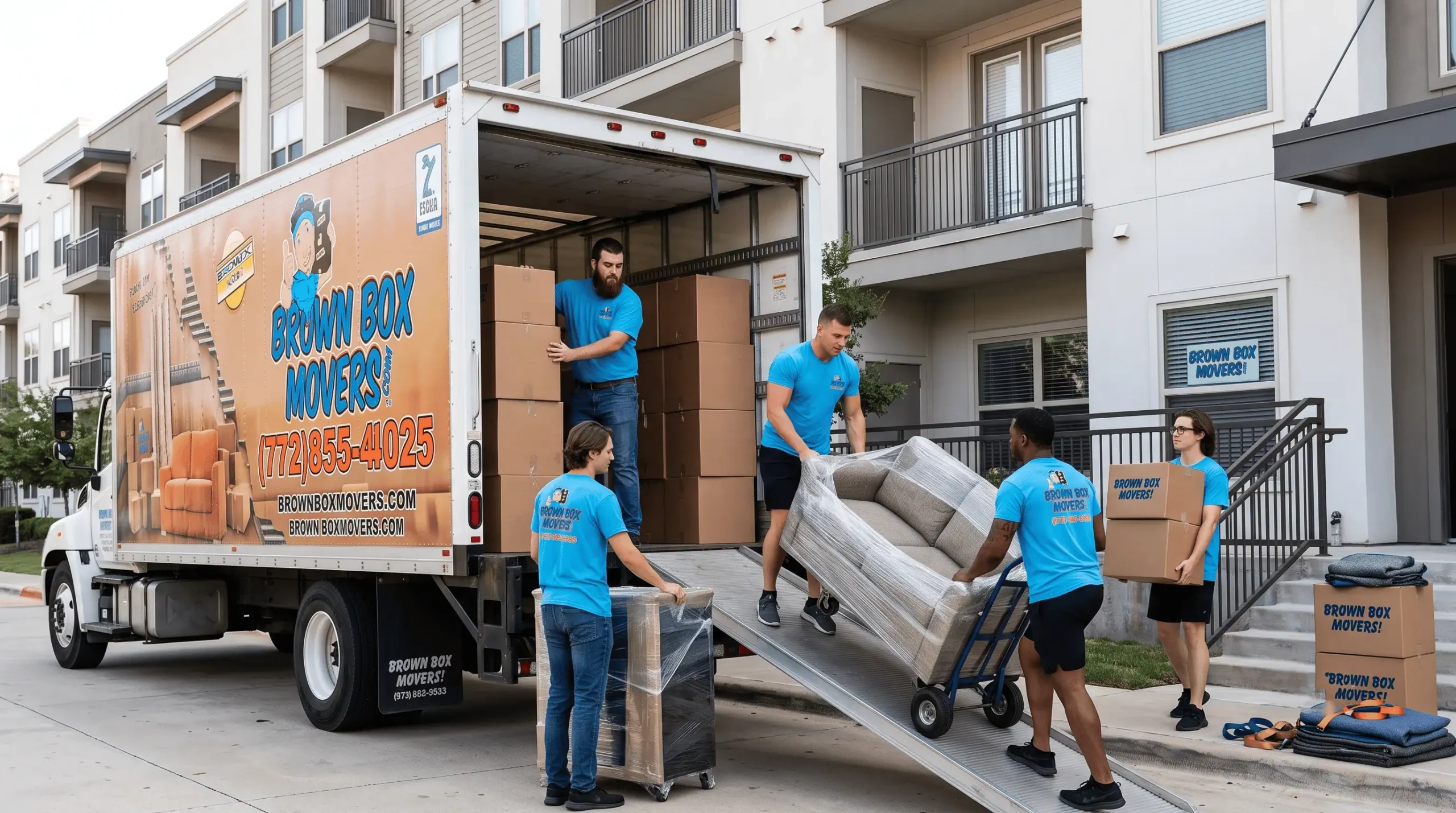 Movers loading a truck outside an apartment building