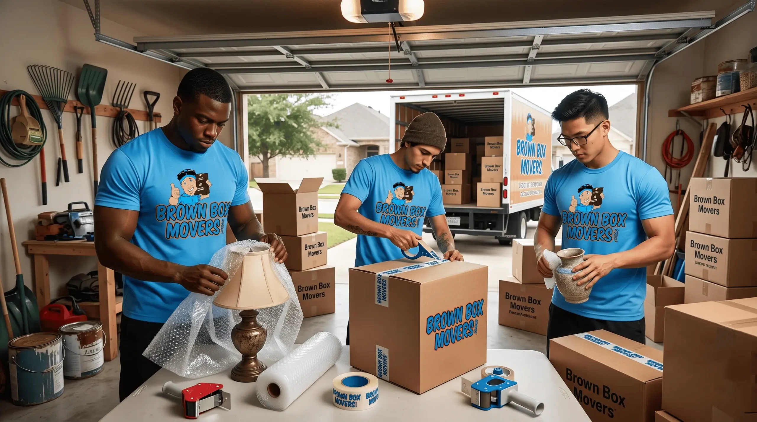 Movers unloading boxes in a home's garage