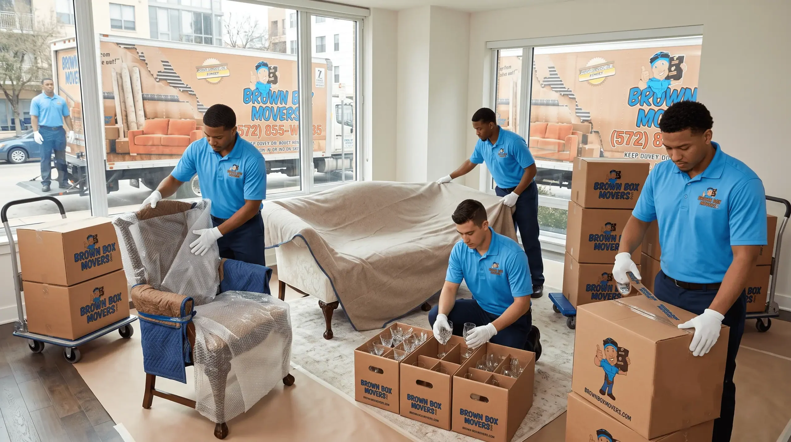 Movers carrying furniture down a staircase
