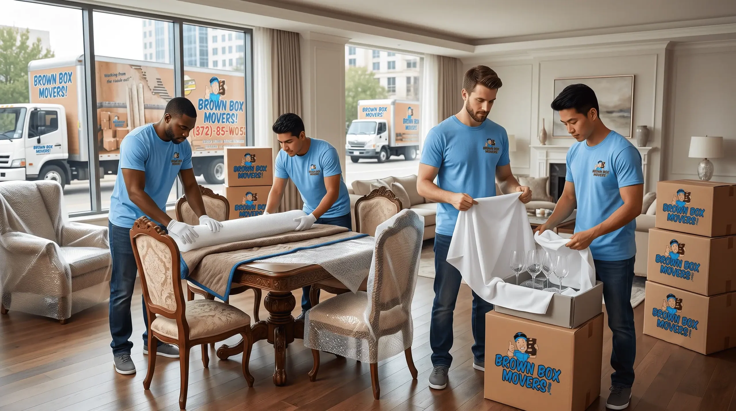 Movers wrapping living room furniture in moving blankets
