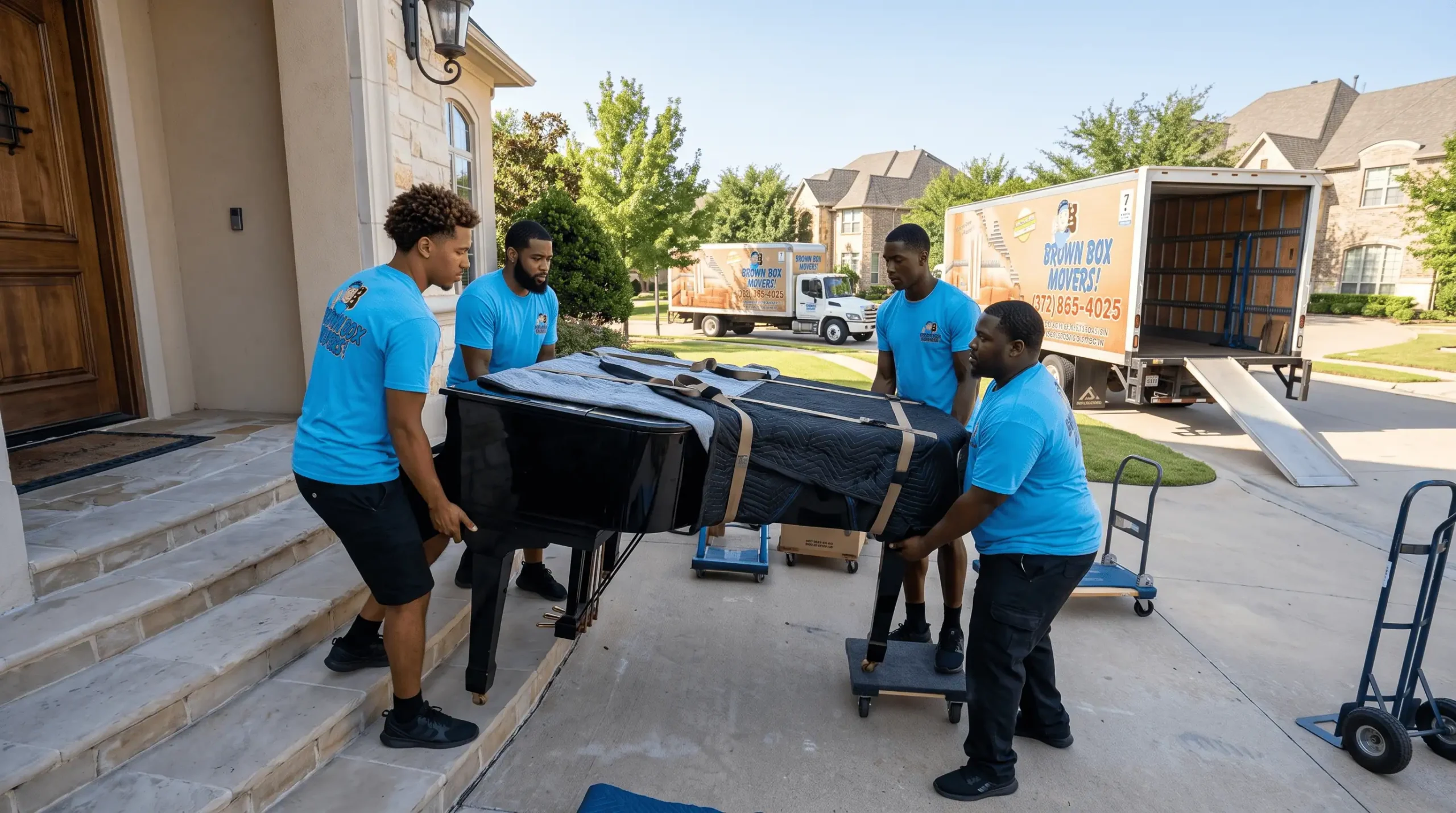 Movers carefully moving a piano inside a home