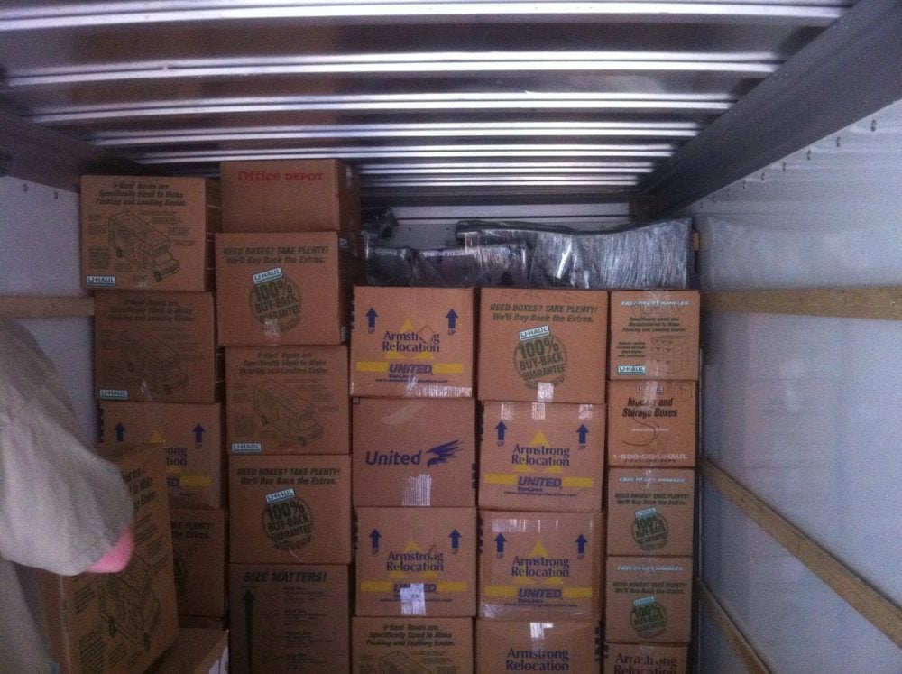 Stacked moving boxes loaded in a truck